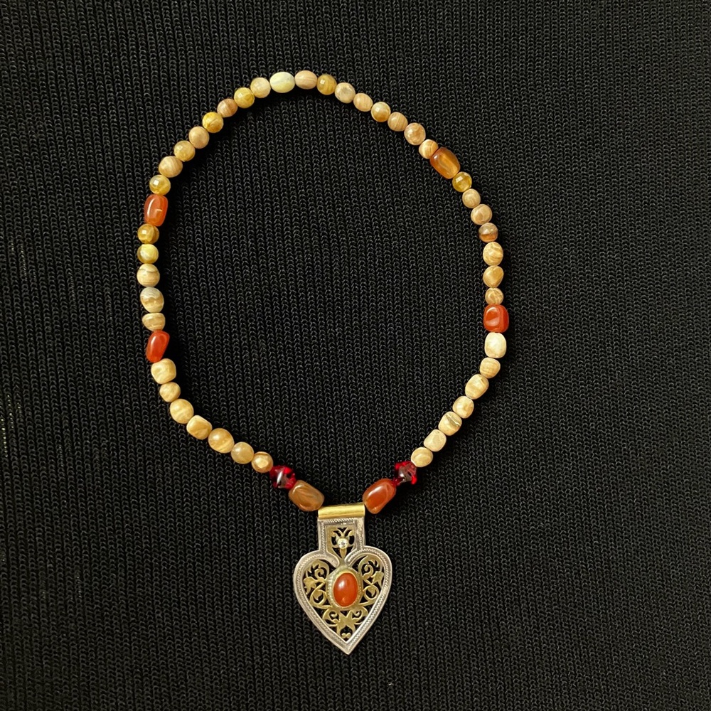 Bohemian Silver&Gold-Tone Heart Pendant Necklace, Natural Stone Beads - Picture 5 of 5